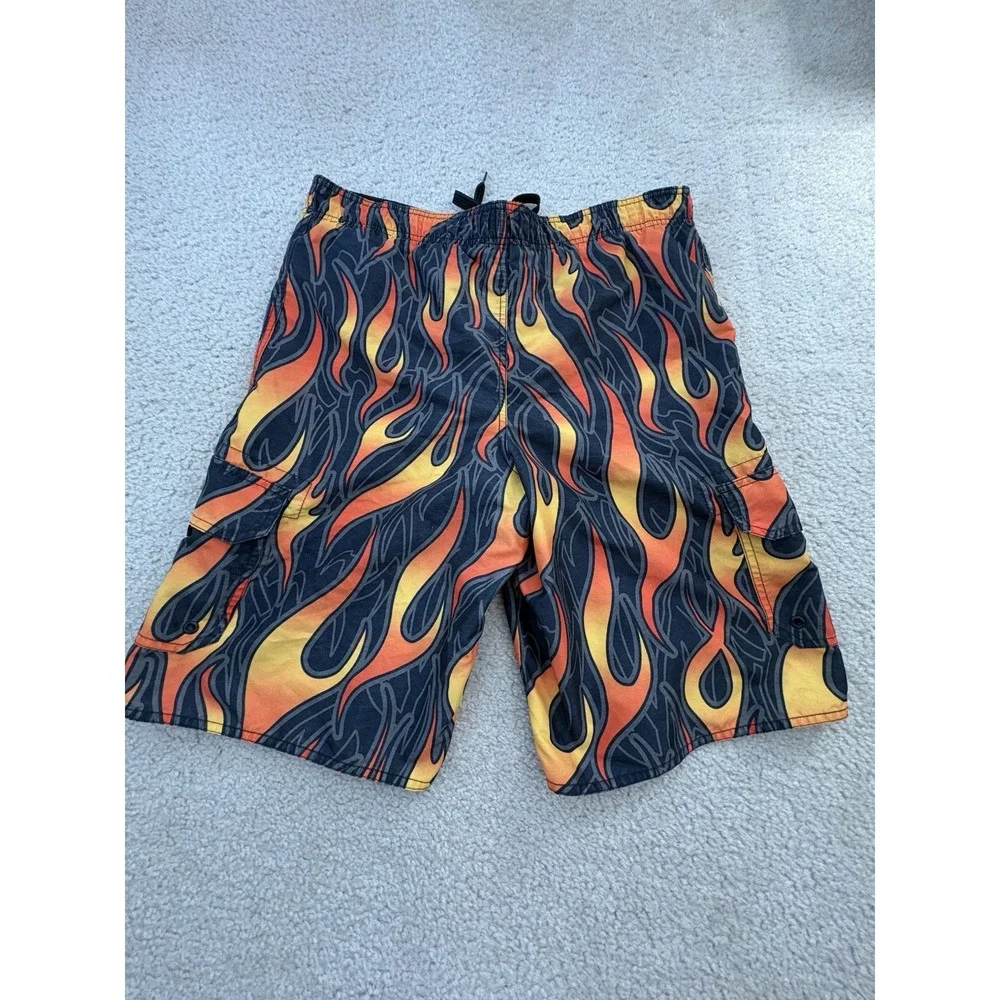Hang Ten All Over Flame Print Board Shorts Swim Trunks Black Red Yellow Size XL